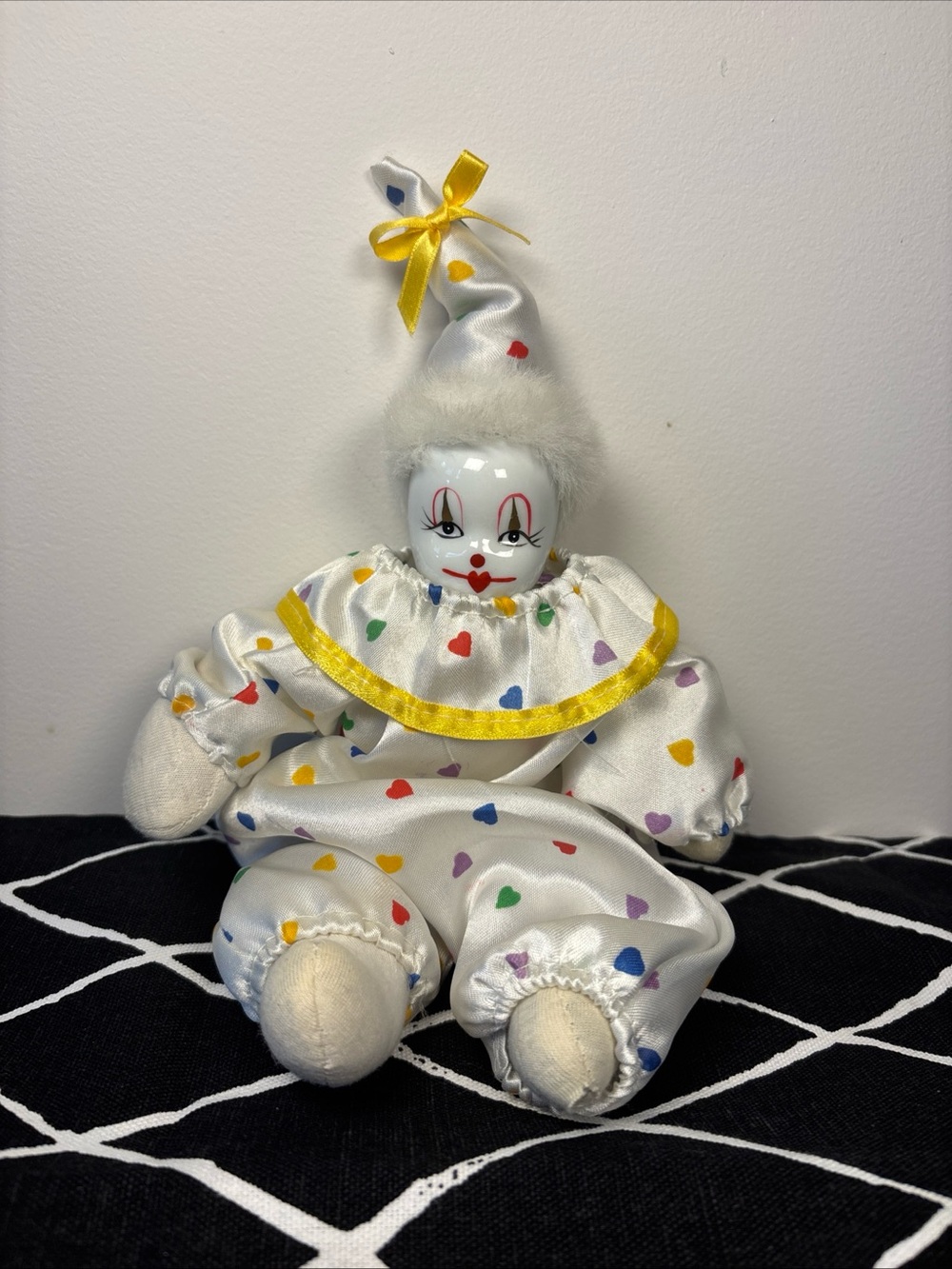 Porcelain Face Clown Doll Colorful Heart Costume Fabric Body 10"